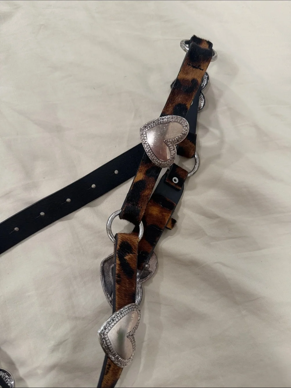 Zara Leopard Print Belt with Silver Heart Buckles